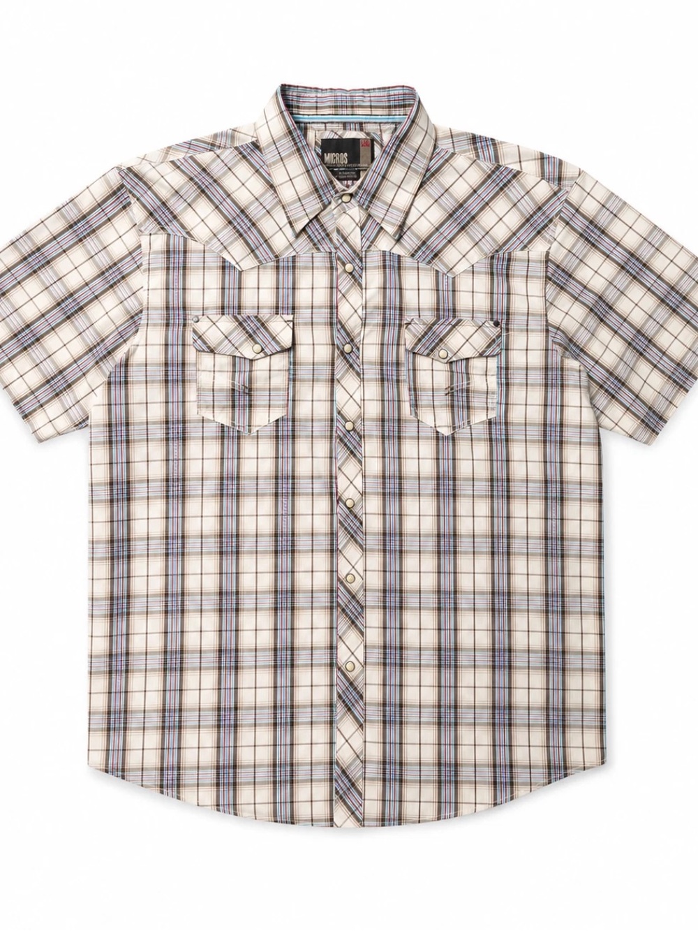 Micros Men's Short-Sleeve Plaid Button-Down Shirt in Cream, Tan & Blue